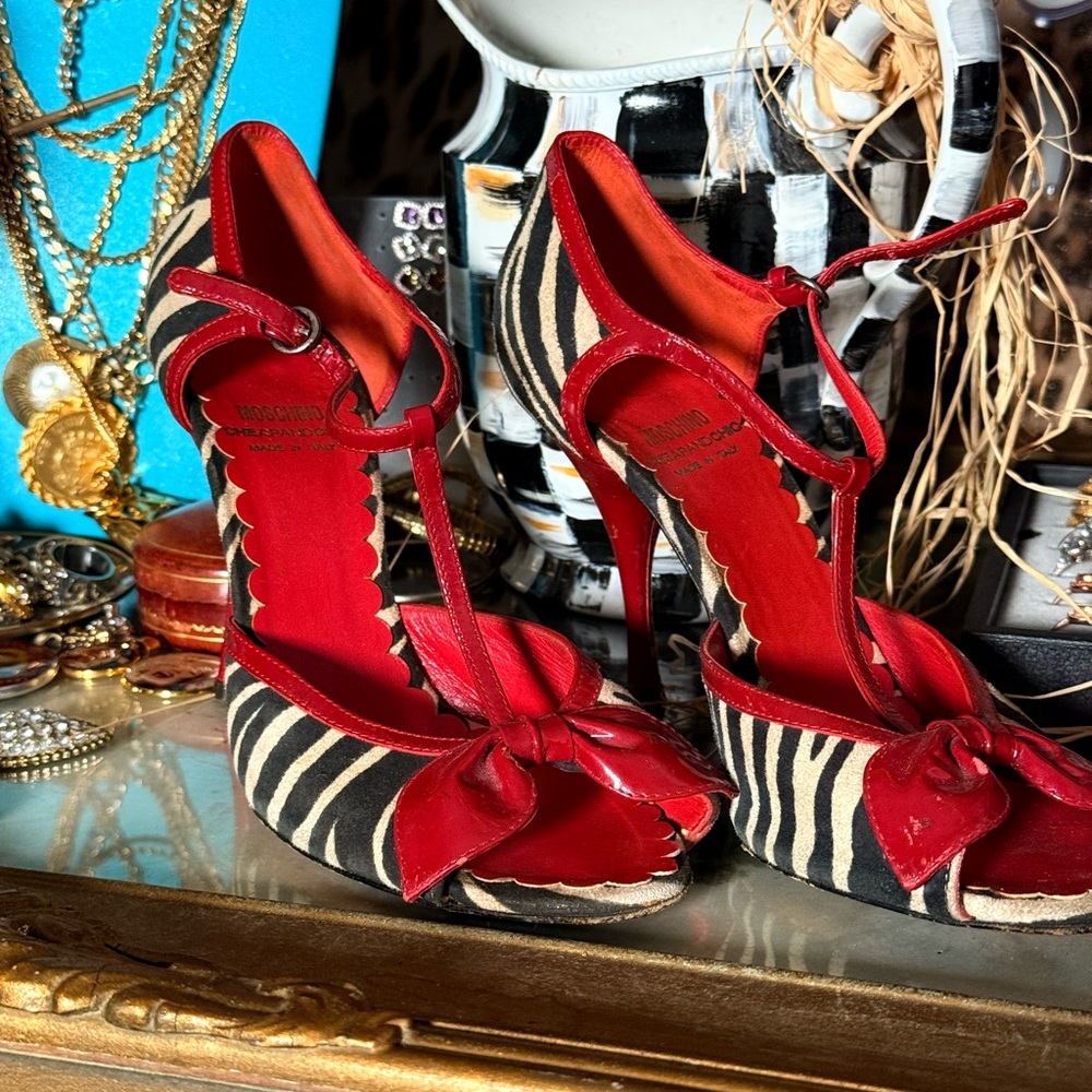 Moschino Red and Black Zebra Pattern with Red Patent Leather trim & TStrap Heels
